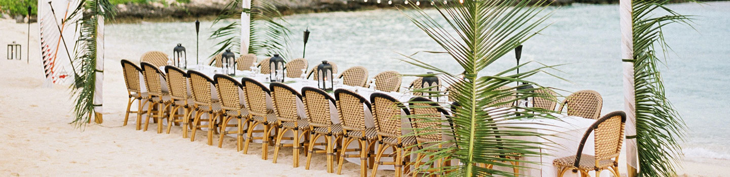 long banquet table on the beach of our luxury Bahamas resort